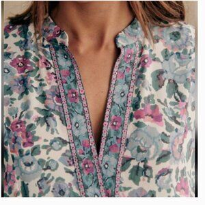 Sezane Boheme Floral Long Midi Sleeve Dress in Pink and Blue